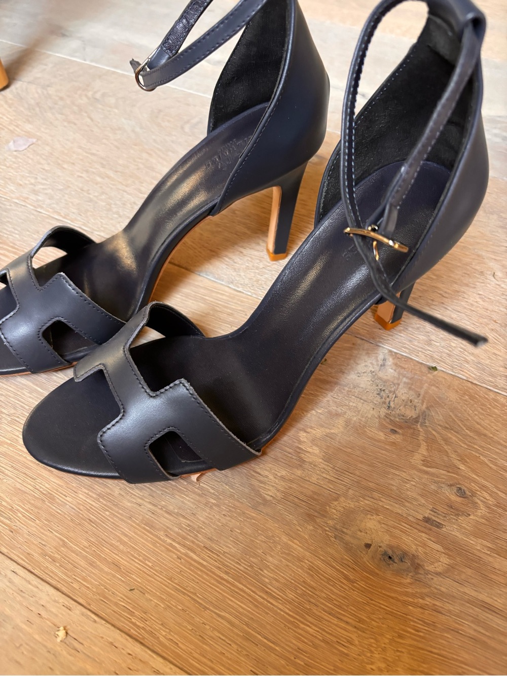 Hermes Black Leather Ankle-Strap Heeled Sandals